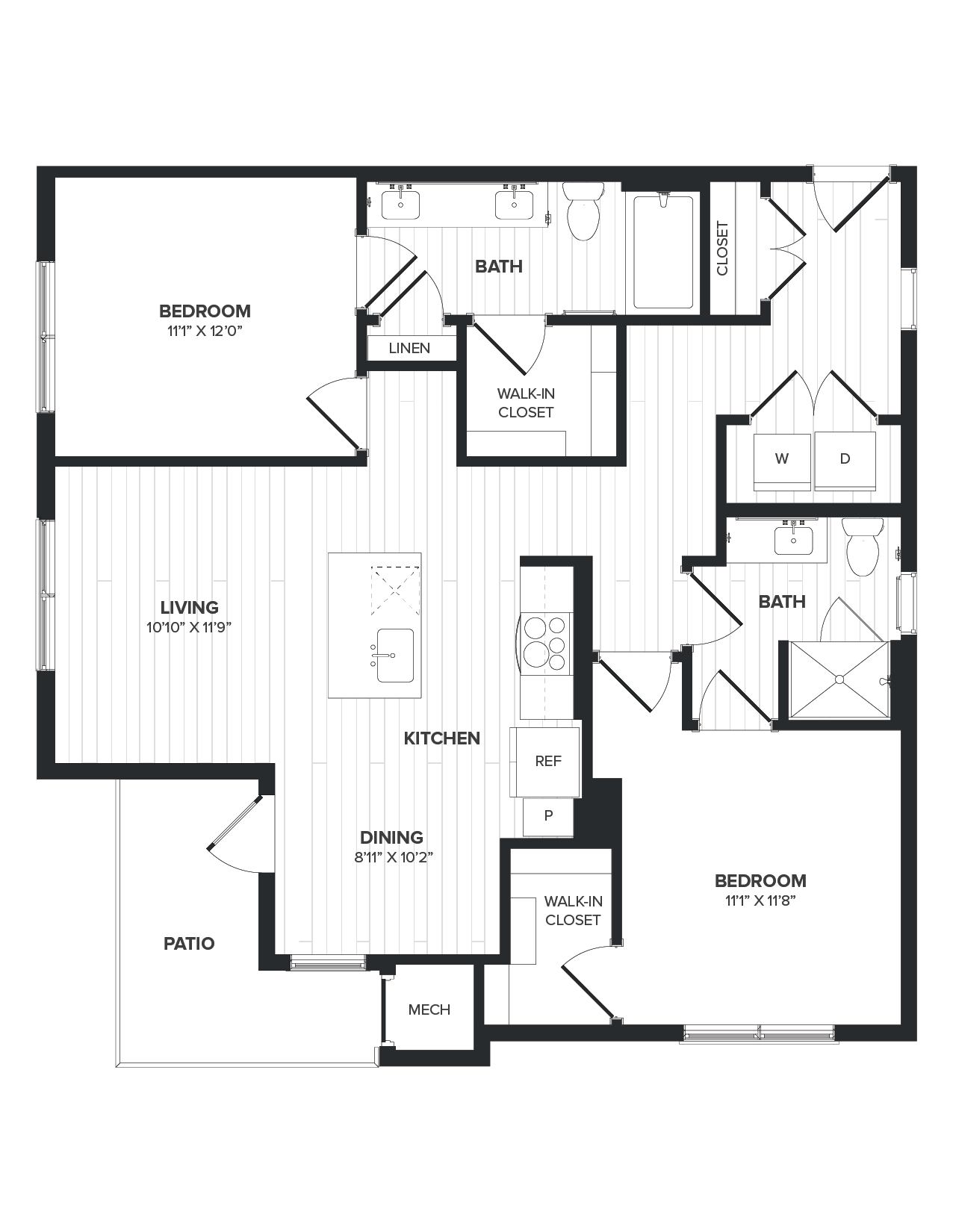 Floor plan for 2 beds, 2 baths, 1092 sqft
